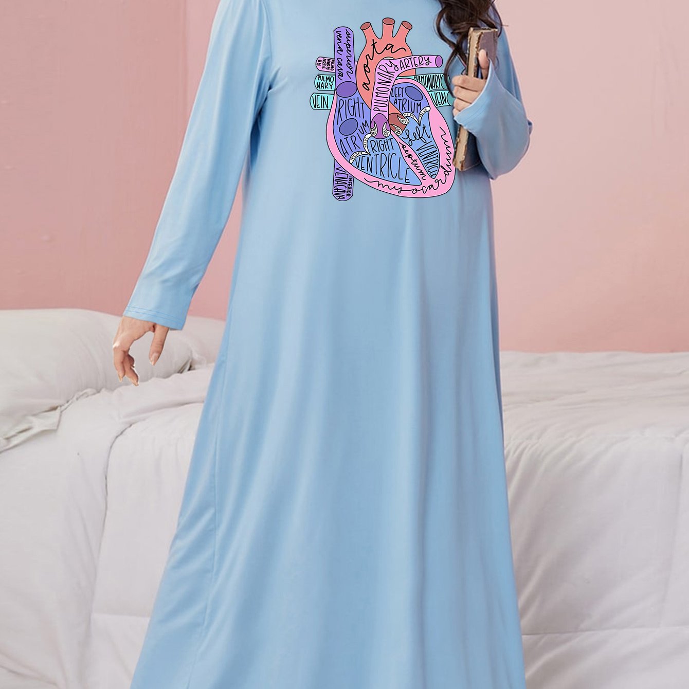 Casual Nightdress Women's Plus Stomach & Letter Print Long Sleeve
