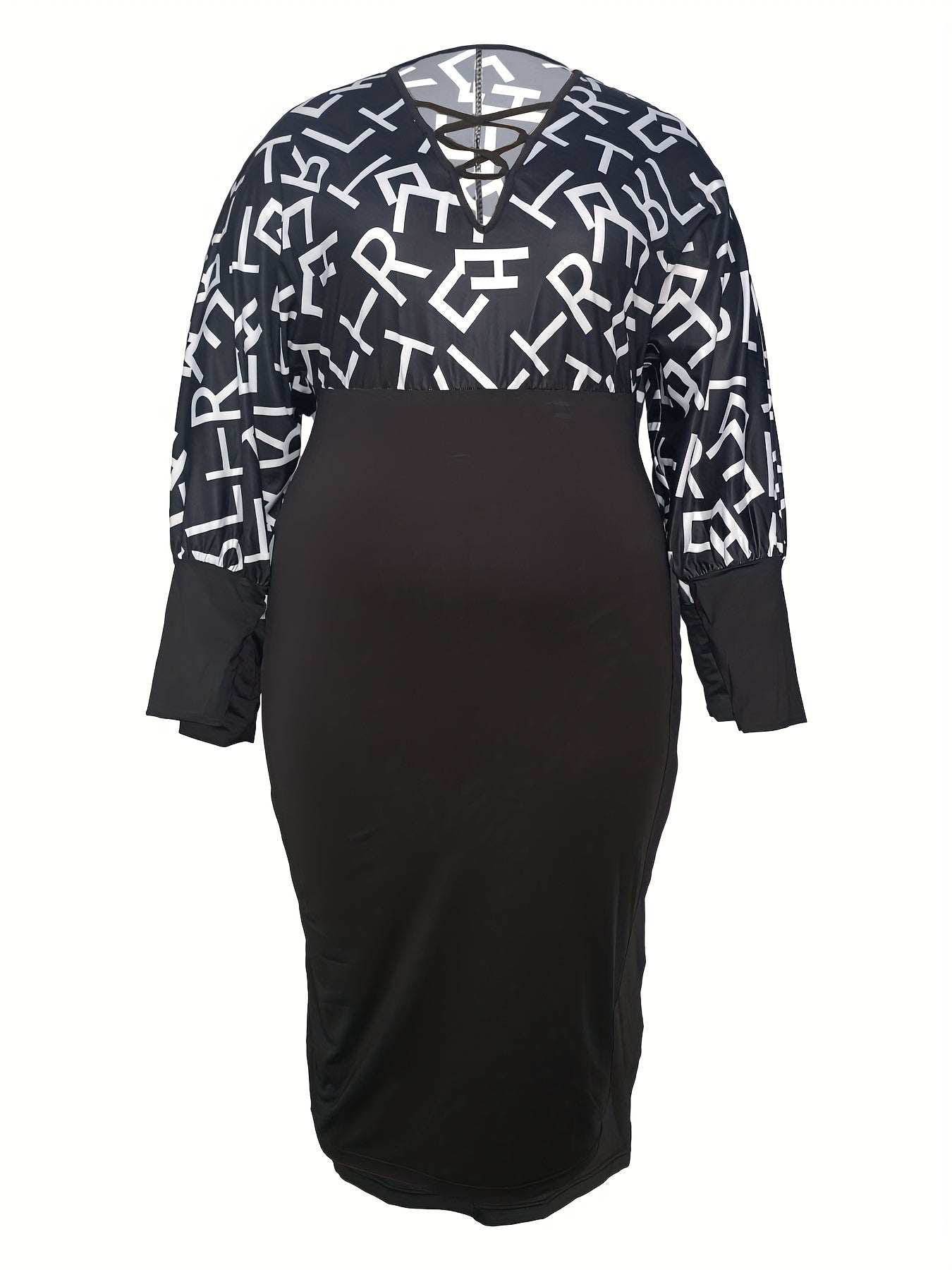 Colorblock Letter Print Lantern Sleeve Bodycon Dress