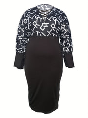 Colorblock Letter Print Lantern Sleeve Bodycon Dress