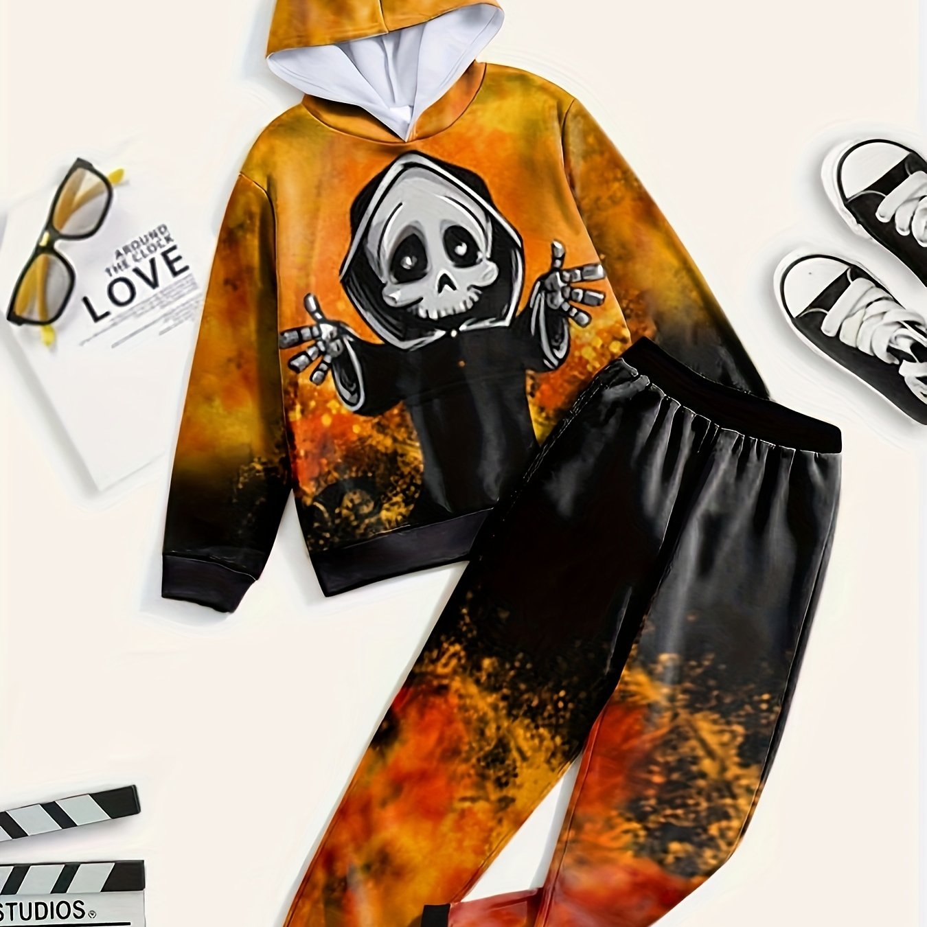 2pcs Skeleton Reaper Hoodies Jogger Pants Halloween Kids