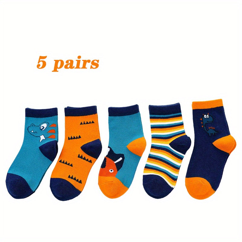 5 Pairs Kids Dinosaur Crew Socks, Ages 1-11