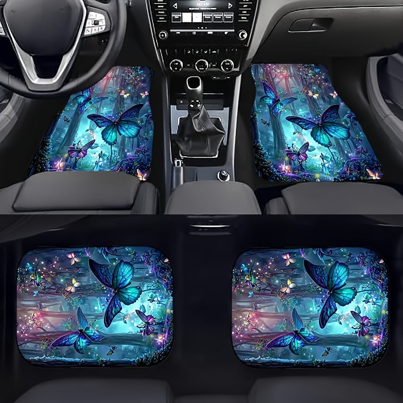4pcs Fantasy Forest & Butterfly Car Floor Mats Non-slip Water Absorbent Mats