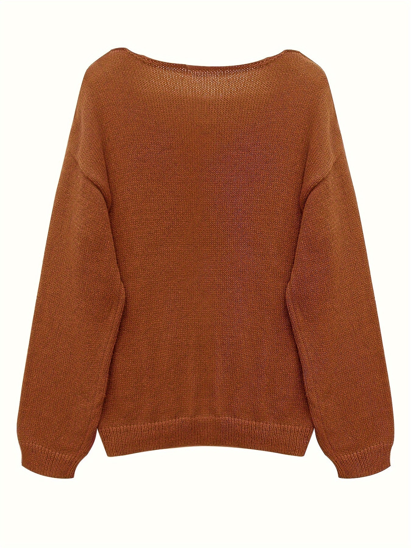 Solid V Neck Sweater Long Sleeve Loose Fit Pullover