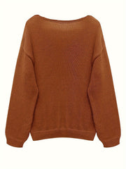 Solid V Neck Sweater Long Sleeve Loose Fit Pullover