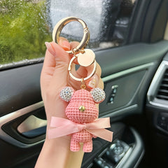Artificial Diamond Key Chain with Rhinestone Woolen Bear Inlay