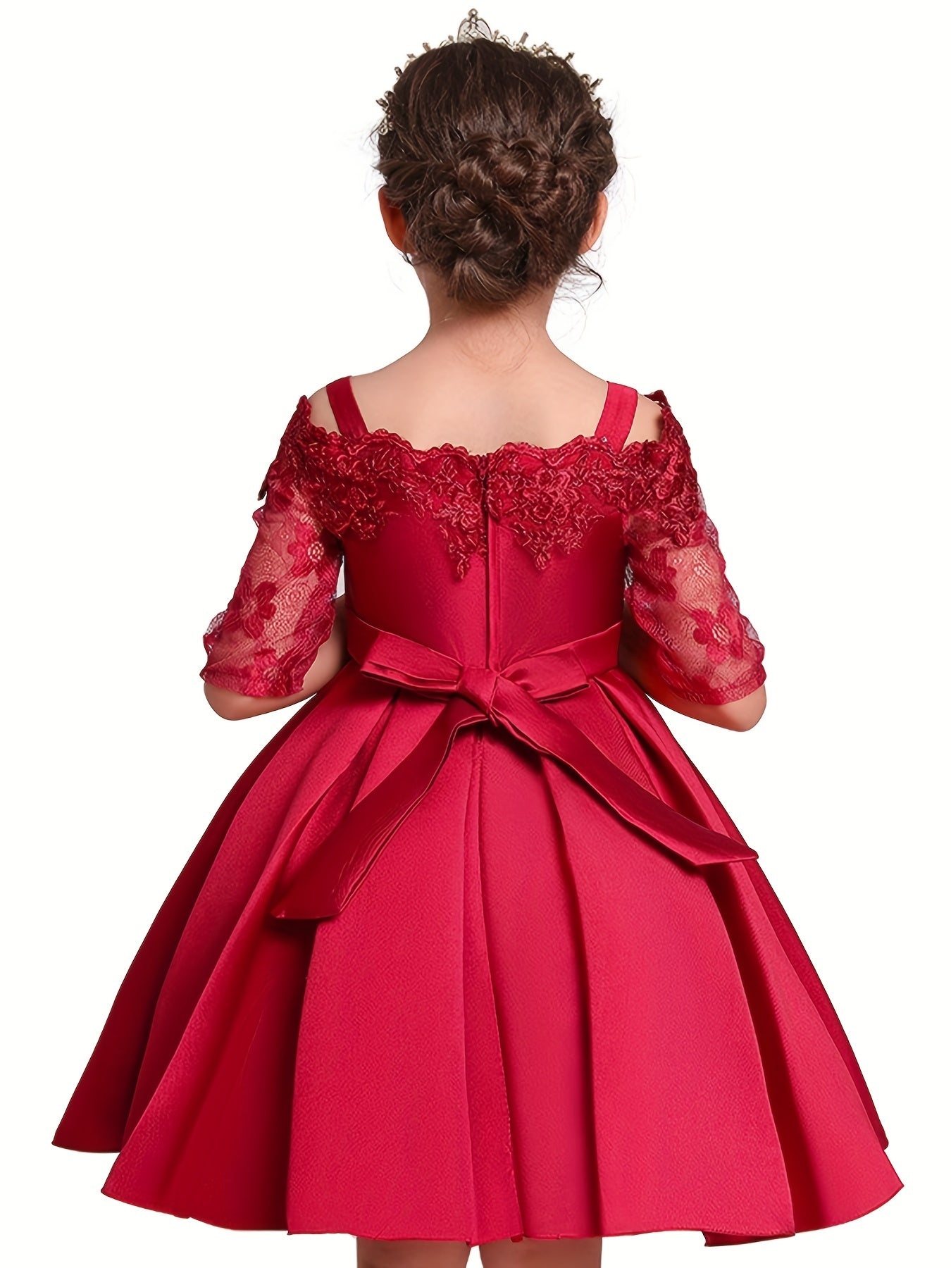 Toddler Girls Off Shoulder Lace Long Sleeve Dress for Party Birthday Gown