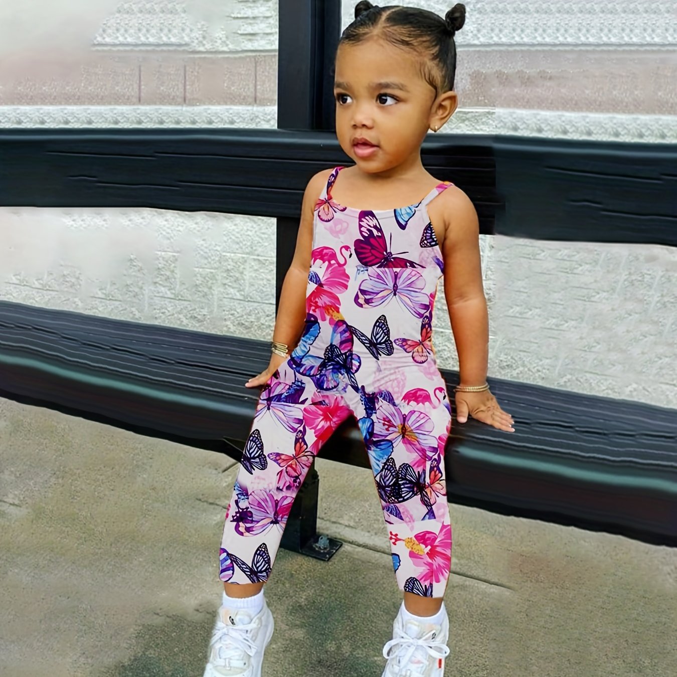 Toddler Girls Butterfly Graphic Cami Rompers Jumpsuits