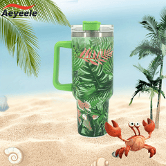 Green Plant Series Stainless Steel Tumbler Insulation Cup With Lid And Straw