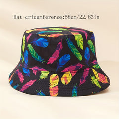 Unisex Sunshade Bucket Hat w/ Colorful Feather Double sided Sun Hat