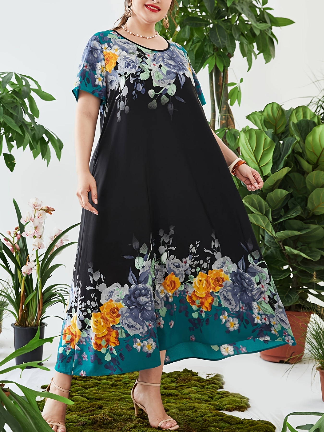 Floral Print Kaftan Dress Short Sleeve Maxi