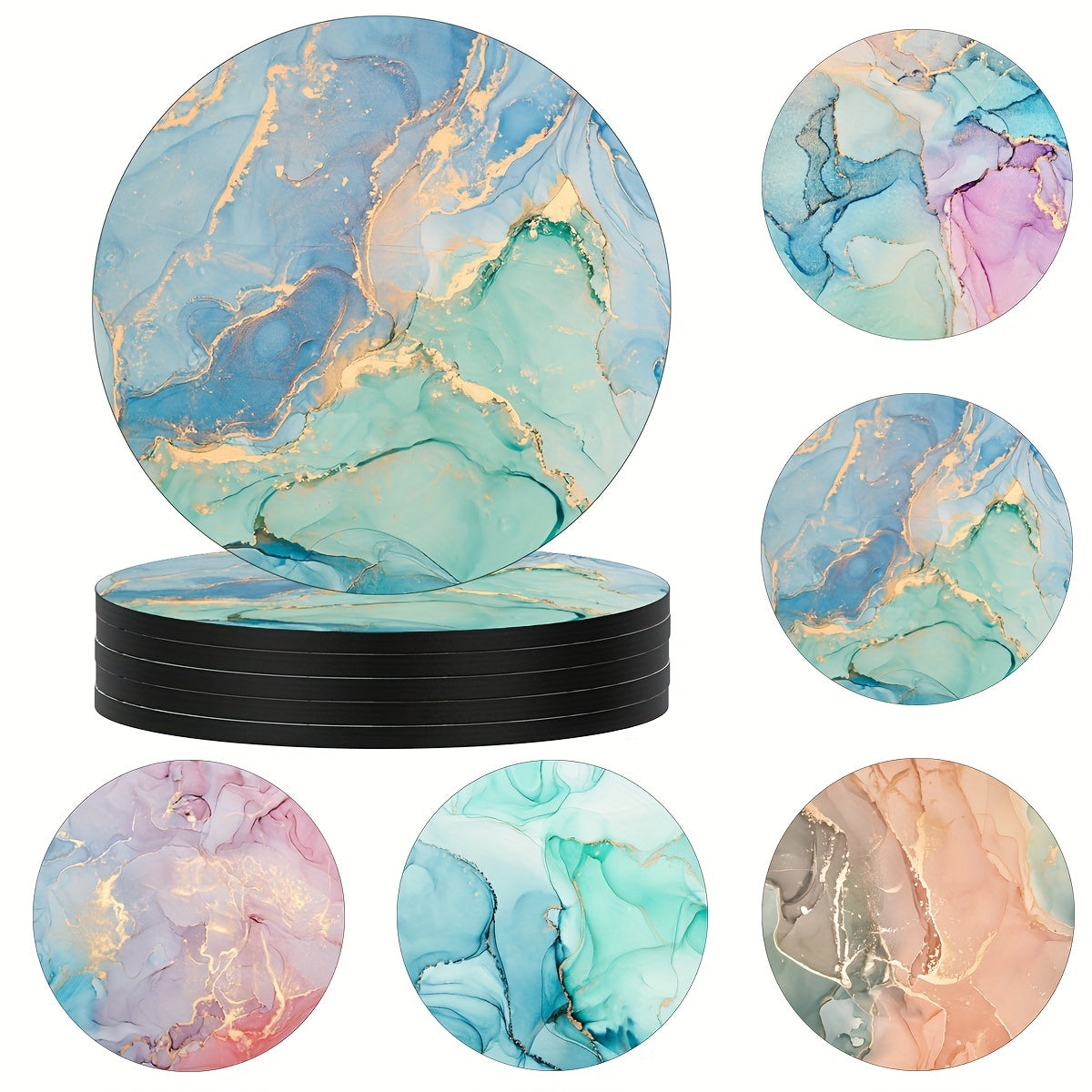 Colorful Marble Coasters Set of 6 Non-Slip Rubber Coasters