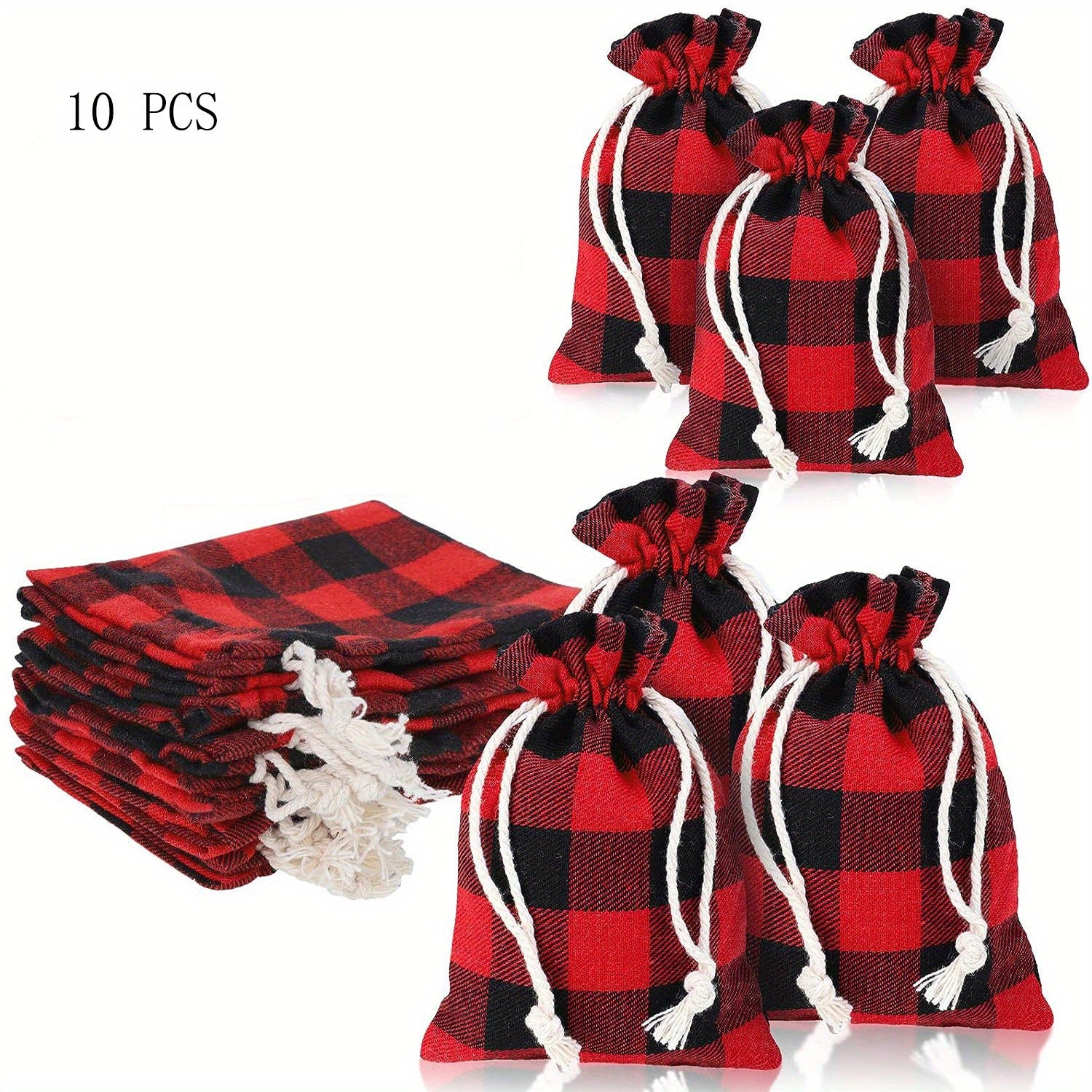 10pcs Christmas Plaid Cotton Burlap Bag Drawstring Pocket Candy Ornament Packagi