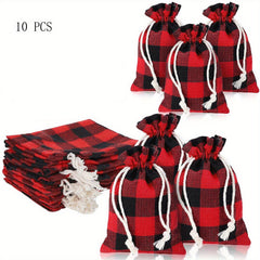 10pcs Christmas Plaid Cotton Burlap Bag Drawstring Pocket Candy Ornament Packagi