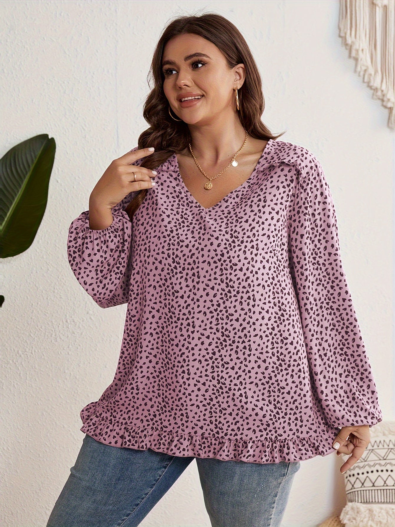 Women's Plus Dalmatian Print Blouse V Neck Ruffle Trim Top