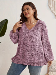 Women's Plus Dalmatian Print Blouse V Neck Ruffle Trim Top