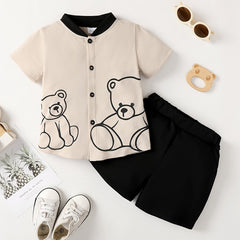 Boys Bear Outfit Shorts & Shirt Short Sleeves Stand Collar Casual Summer