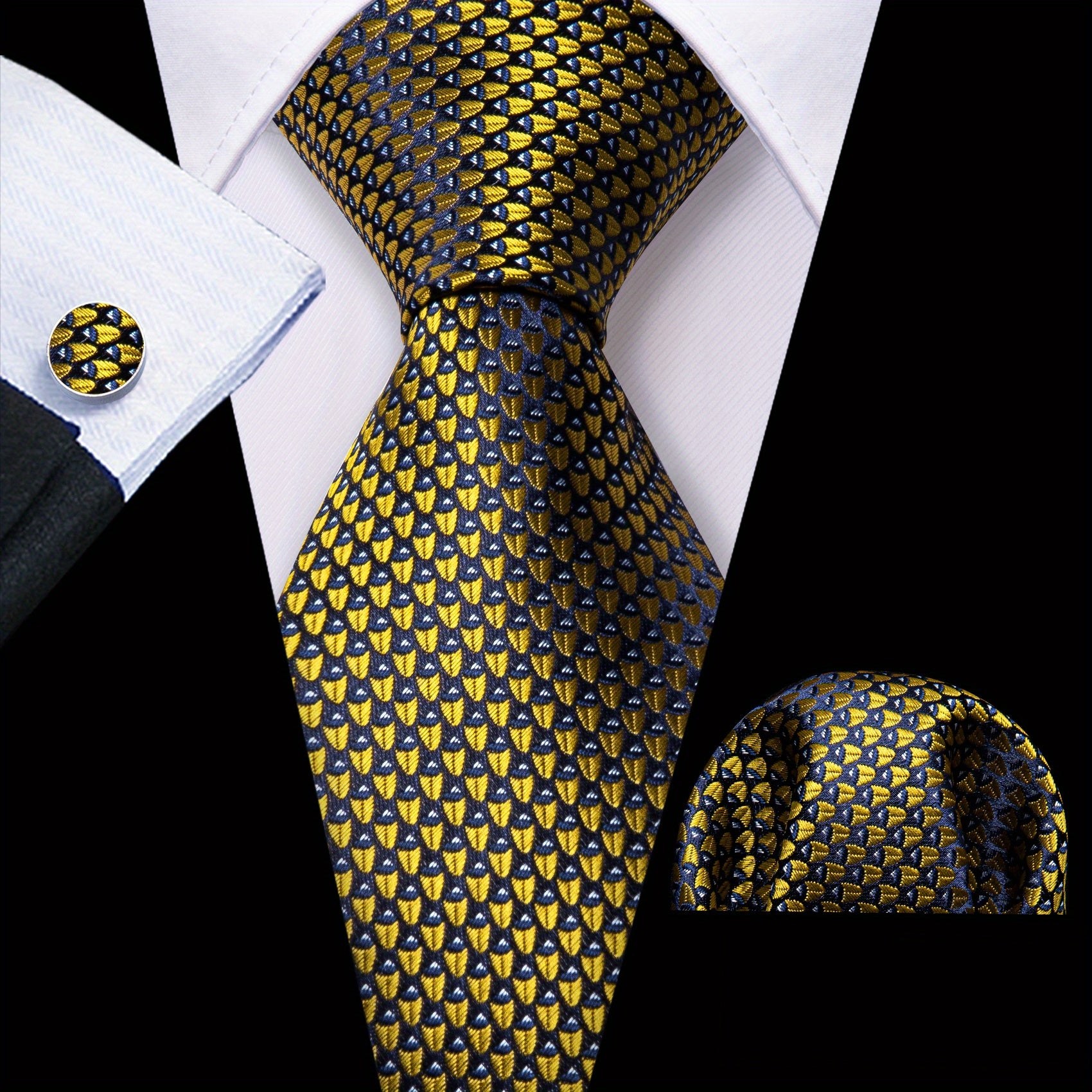 Barry Wang Silk Ties Set Classic Striped Plaid Necktie Pocket Square Cufflinks