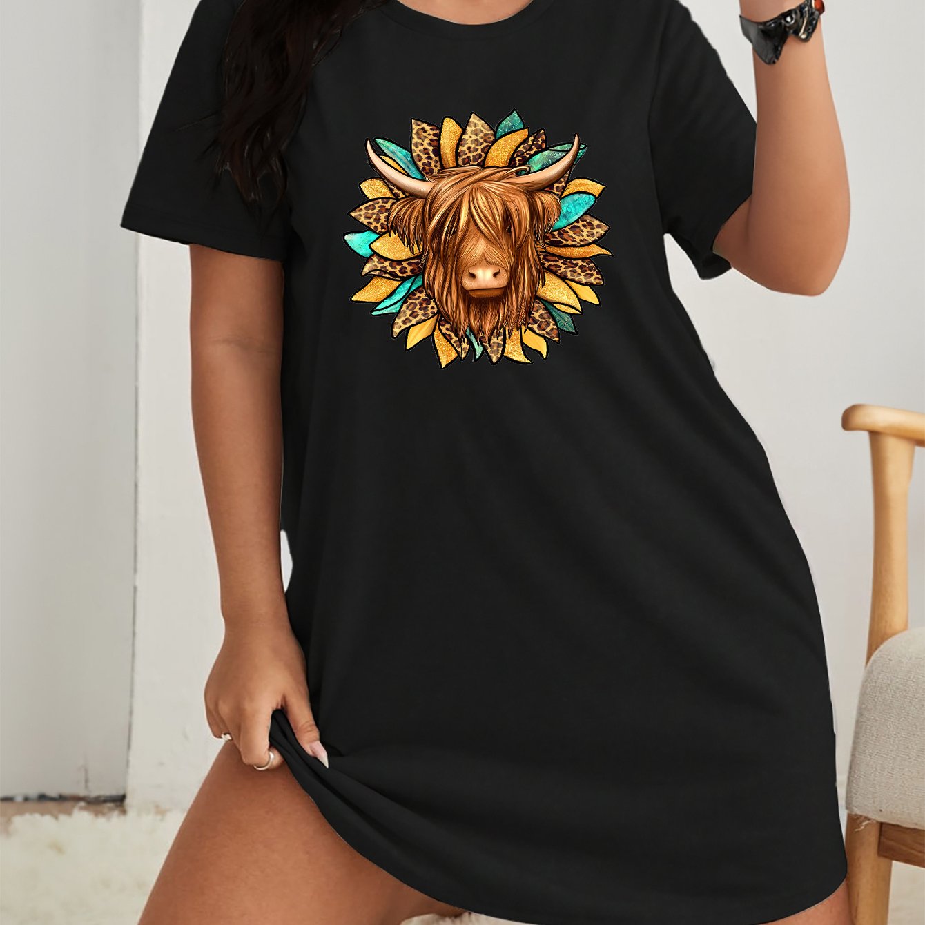 Leopard Sunflower & Cow Print Short Sleeve Casual Lounge Dress