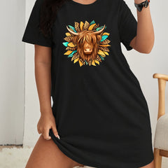 Leopard Sunflower & Cow Print Short Sleeve Casual Lounge Dress