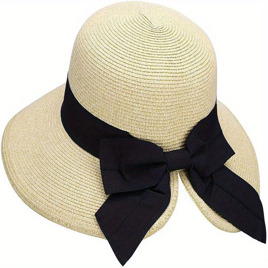 Bowknot Ponytail Sun Hat Wide Brim UV Protection Straw Hat Lightweight Foldable