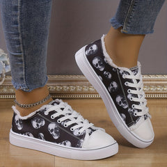 Skull Pattern Canvas Shoes Lace Up Low Top Flat Lightweight Halloween Shoes