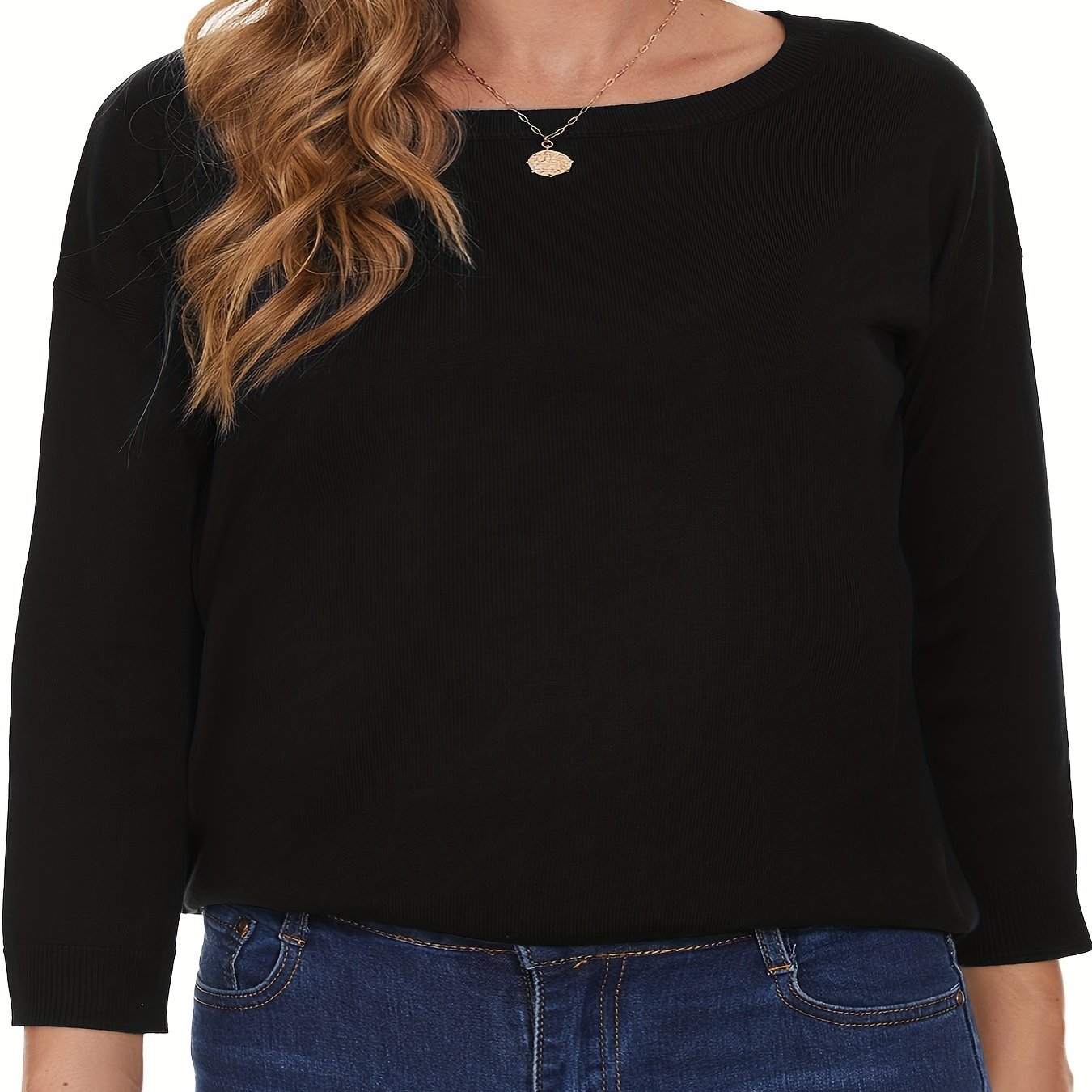 Casual Sweater Women's Plus Solid Long Sleeve Round Neck Knit Top