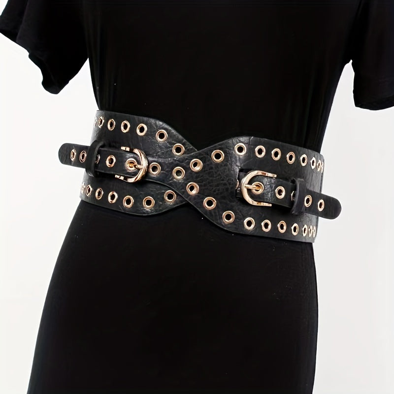 Stylish Eyelet Hollow Out Belt Double Pin Buckle Elastic PU Leather Wide Belt