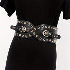 Stylish Eyelet Hollow Out Belt Double Pin Buckle Elastic PU Leather Wide Belt