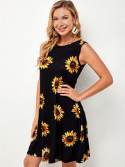 Sunflower Print Sleeveless Dress Casual Tank Dress For Spring & Summer