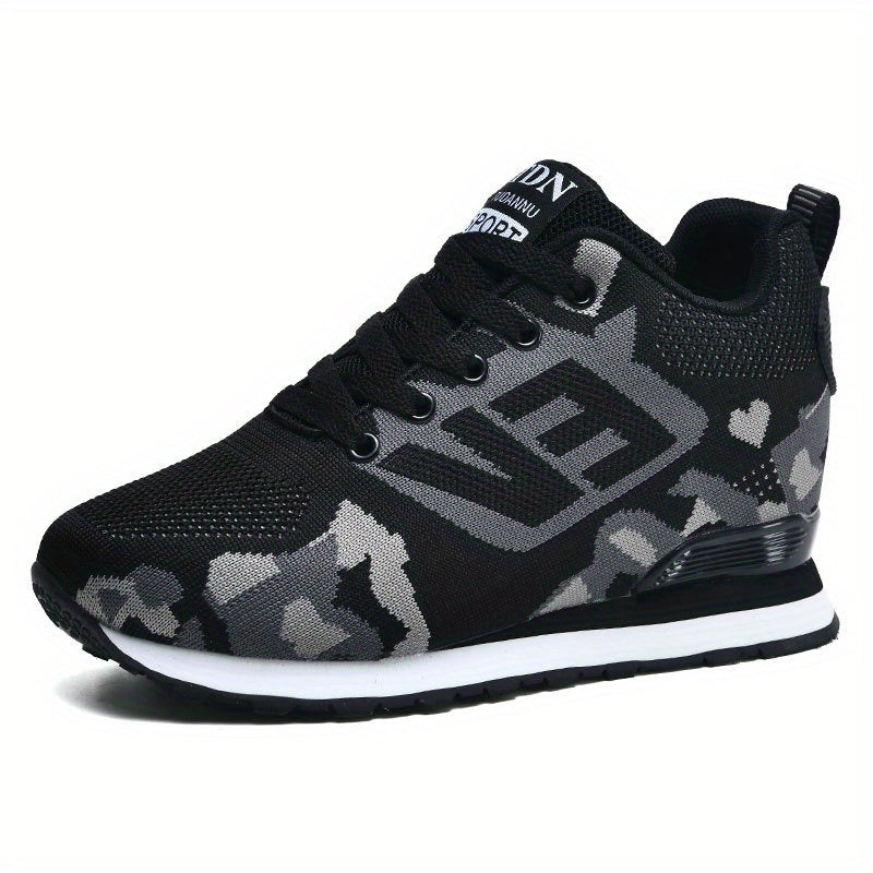 Women's Camo Sports Shoes Knitted Lace Up Height Increasing Walking Sneakers