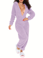 Solid Hooded Fuzzy Pajama Jumpsuit Comfy Long Sleeve Zipper Pajamas