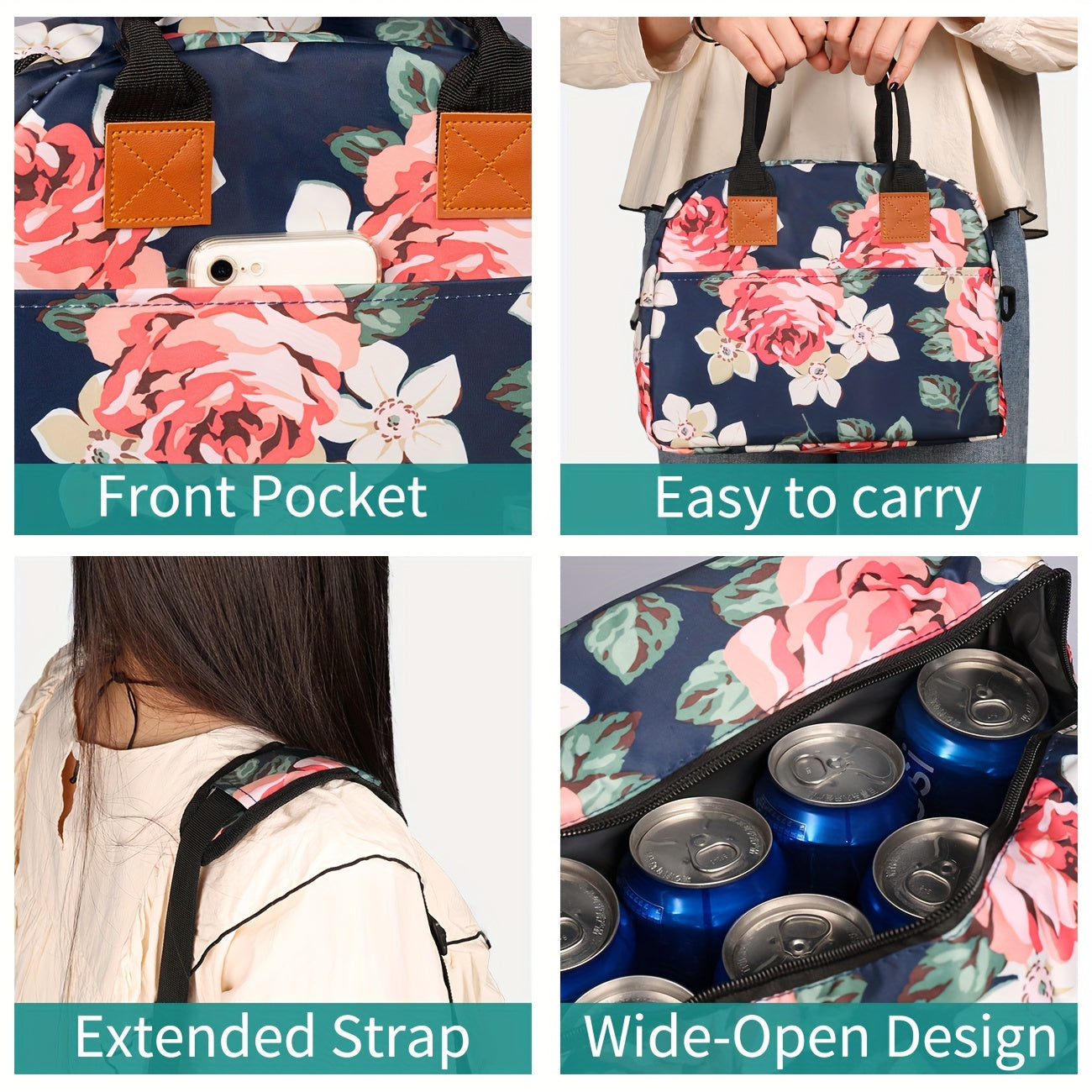 Women's 10L Lunch Bag Insulated Cooler Large Capacity Adjustable Strap