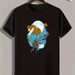 Flying Cartoon Wolf Print Men's Graphic T-shirt for Summer