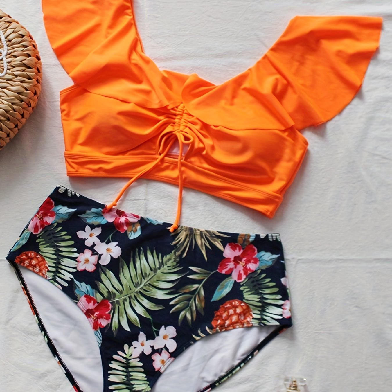 Colorblock Drawstring Bikini Set Plus Size