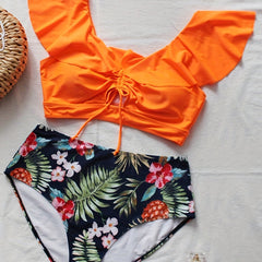 Colorblock Drawstring Bikini Set Plus Size