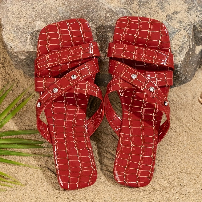 Crocodile Pattern Slide Sandals Square Toe Flat Summer Shoes Rhinestone Decor
