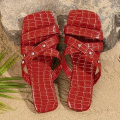 Crocodile Pattern Slide Sandals Square Toe Flat Summer Shoes Rhinestone Decor