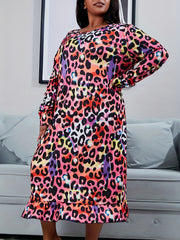Plus Size Leopard Print Ruffle Maxi Nightdress