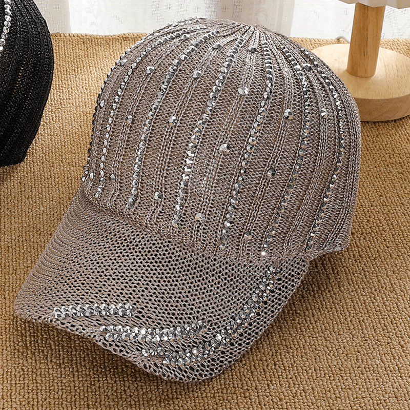 Rhinestone Decor Knitted Baseball Cap Hollow Solid Dad Hat Casual