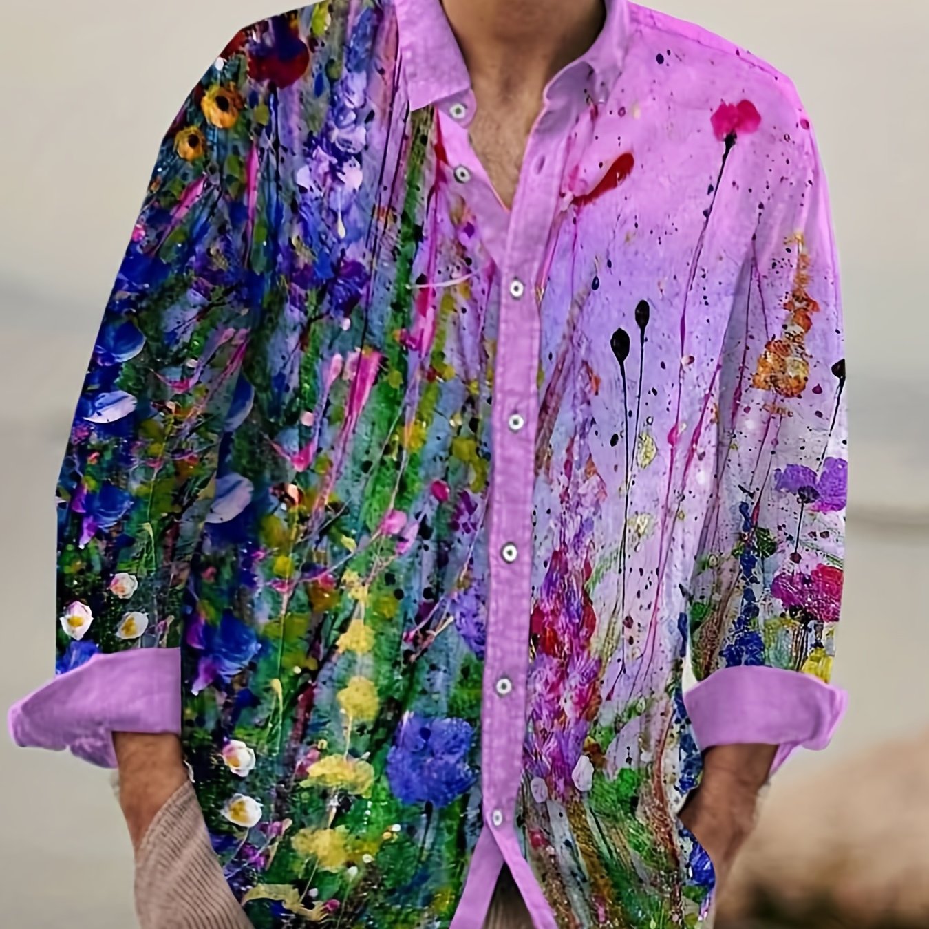Art Style Splash Print Men's Casual Long Sleeve Shirt
