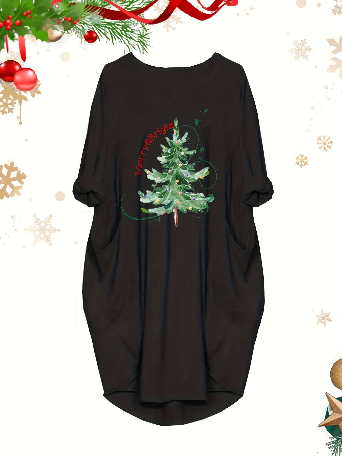 Xmas Tree & Slogan Print Long Sleeve Round Neck Baggy Dress