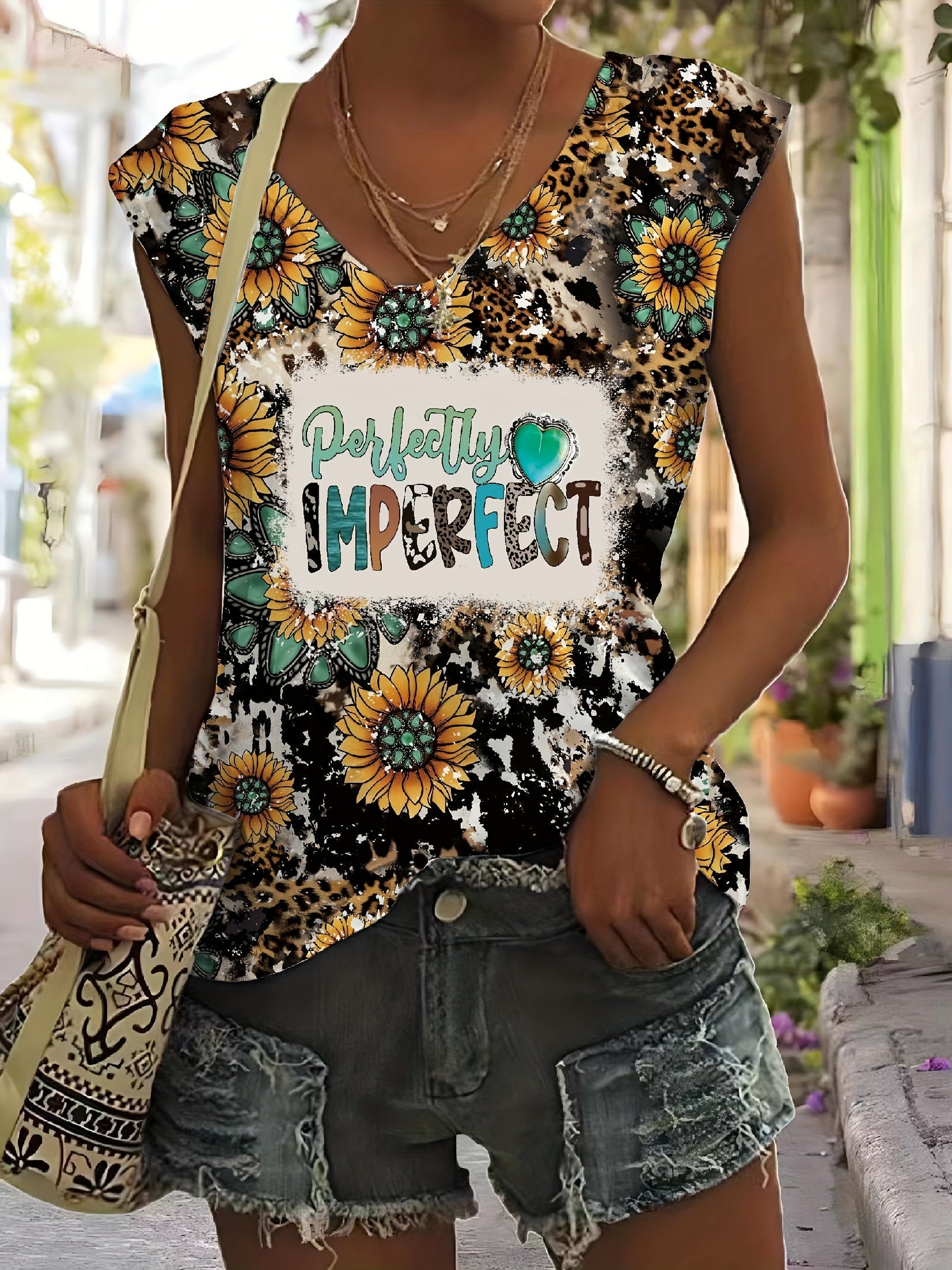 Sunflower & Letter Print V Neck Tank Top - Summer Sleeveless Casual Top