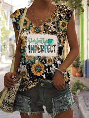 Sunflower & Letter Print V Neck Tank Top - Summer Sleeveless Casual Top