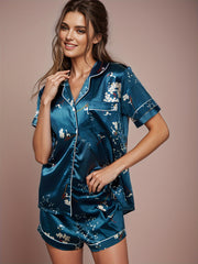 Floral Print Pajamas Set Lightweight Button Up Top & Elastic Waistband Shorts