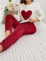 Heart Print Pajama Set Long Sleeve Top & Pants Women's Sleepwear