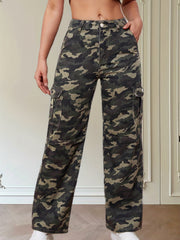 Camo Wide Leg Straight Jeans Flap Pockets Non Stretch Denim Pants