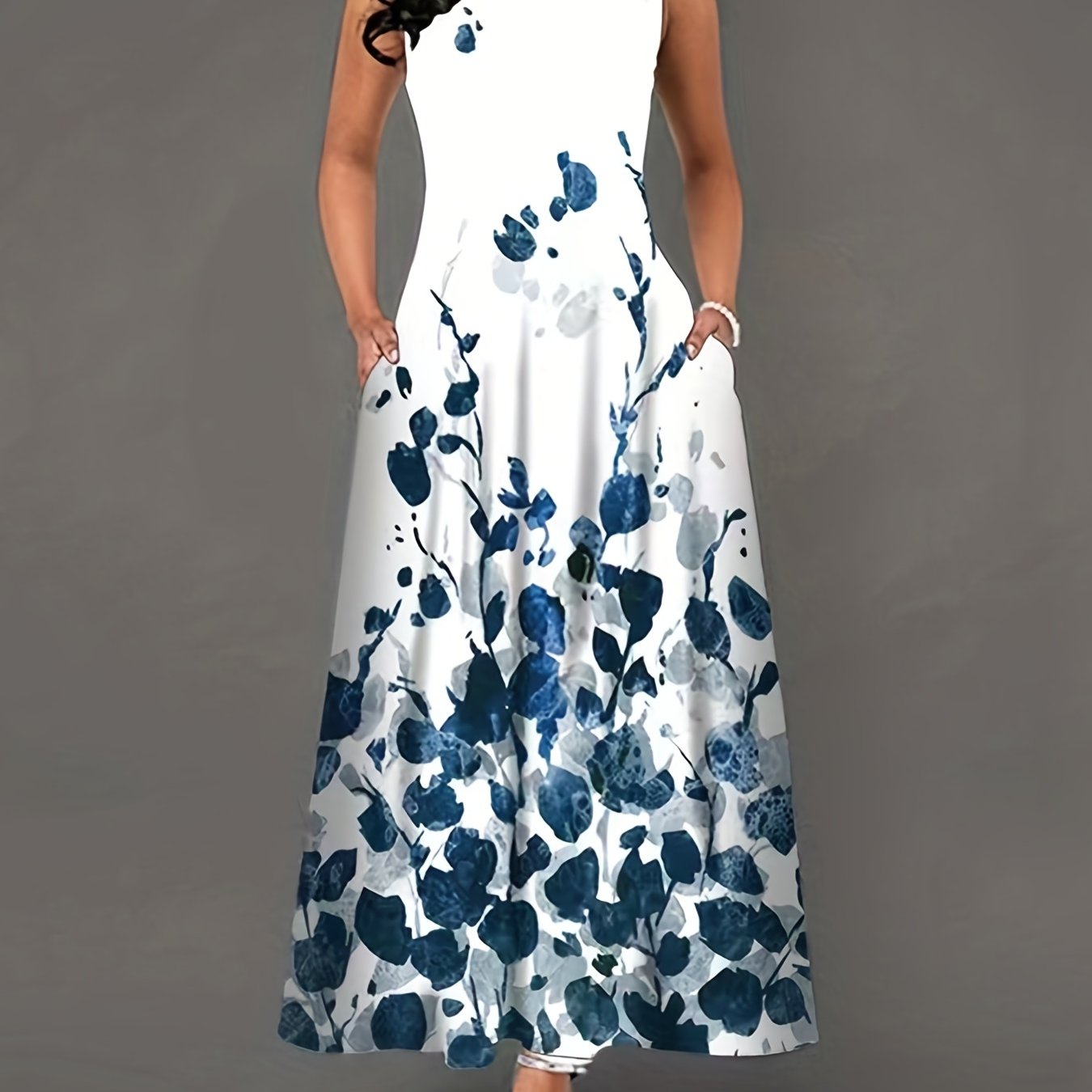 Floral Print Keyhole Maxi Dress Sleeveless Crew Neck Pocket Women's Clothing