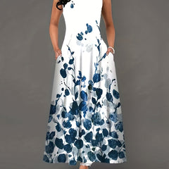 Floral Print Keyhole Maxi Dress Sleeveless Crew Neck Pocket Women's Clothing