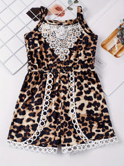 Leopard Lace Trim Cami Rompers Jumpsuits for Toddler Girls