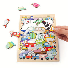 Colorful Dinosaur Traffic Puzzle Wooden Toy Enhances Recognition & Motor Skills
